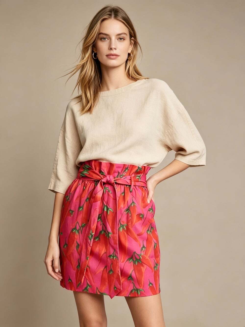 NWOT Farm Rio Red Chili Peppers Paper Bag Linen Blend Skirt Pull On Size S